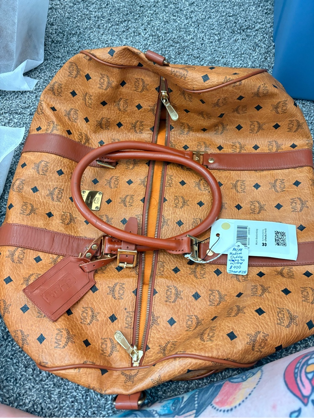 MCM Visetos Cognac Large Travel Duffle with COA NO STRAP